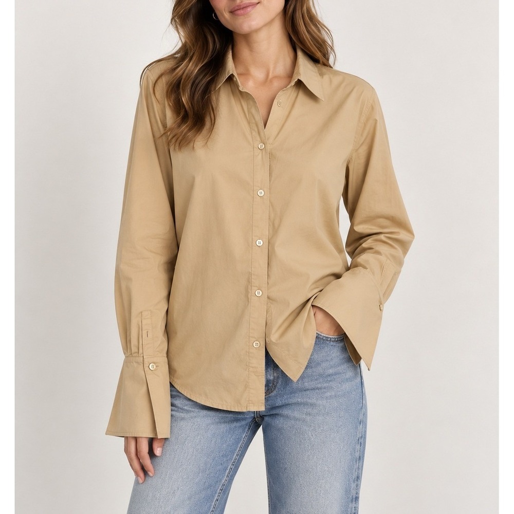 By Malene Birger Padano Tan Khaki Button Down Shirt Flared Cuff Blouse Size 42